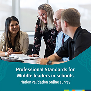 4 people are collaborating on work around a table. Text says 'professional standards for middle leaders in schools – National validation online survey'