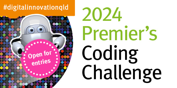 There is a grey robot in front of a background of coloured dots. The text beside it says 2023 Premier’s Coding Challenge.